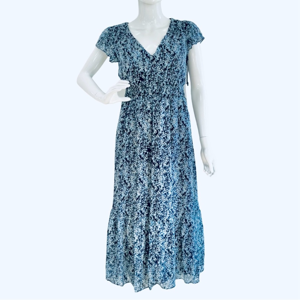 Nicole Miller New Blue Floral Flowers Print Flowy Midi Dress Short Sleeve Womens